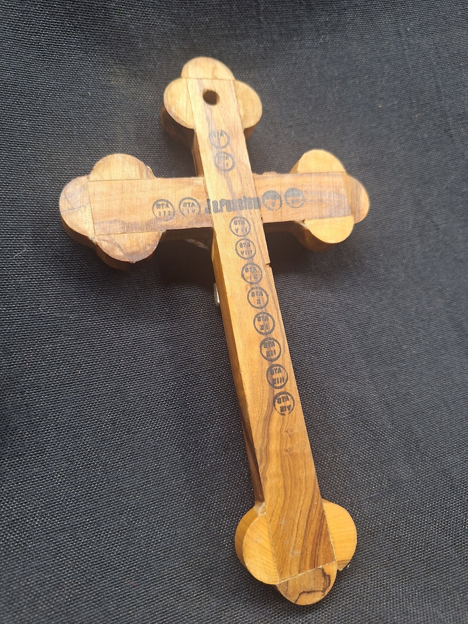 Hand Carved Holy Land "Four Stations" Olive Wood Classic Cross with Big Jesus Pewter Crucifix & Holy Soil Capsule - Exquisite Dark Curio