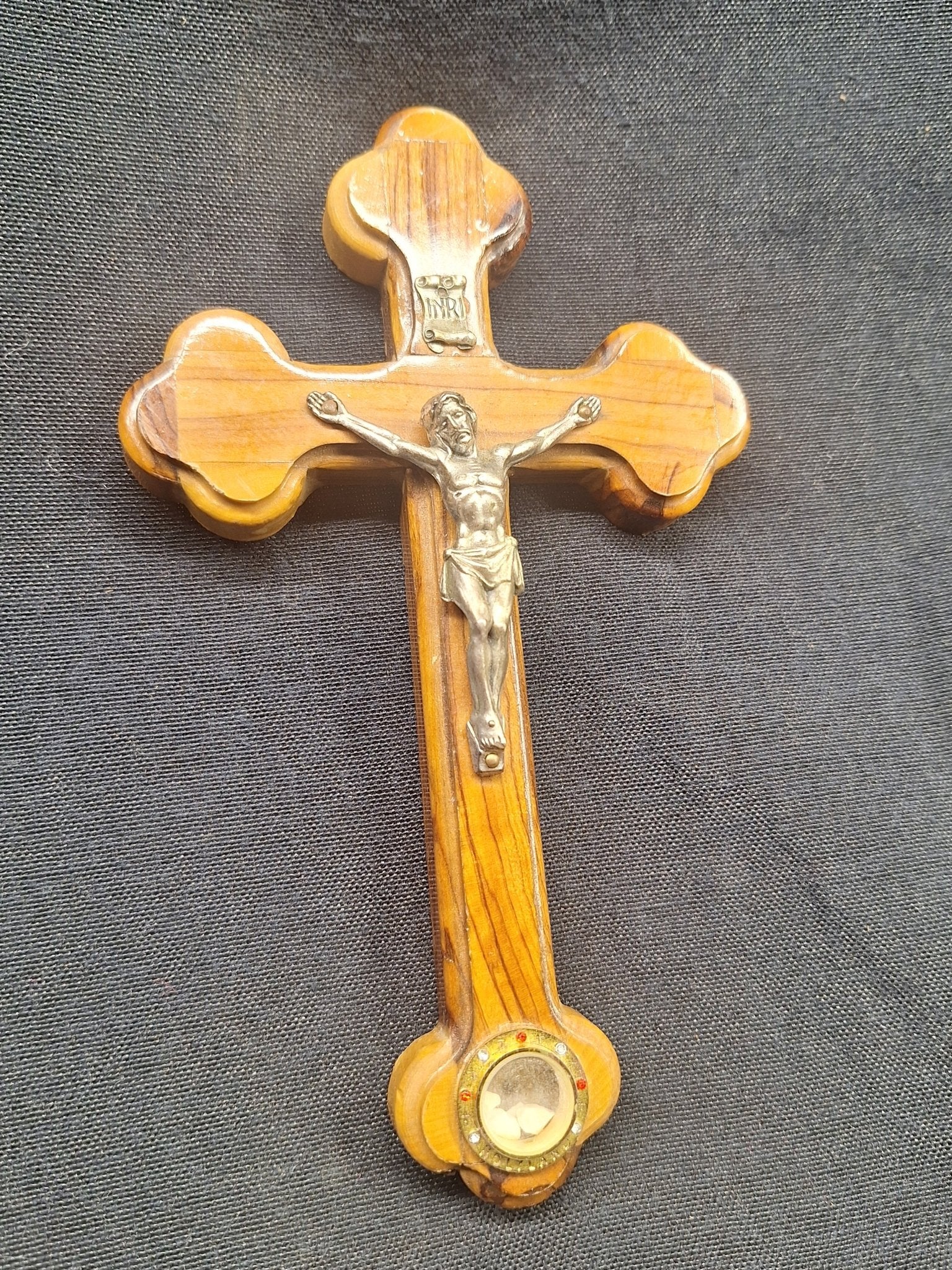 Hand Carved Holy Land "Four Stations" Olive Wood Classic Cross with Big Jesus Pewter Crucifix & Holy Soil Capsule - Exquisite Dark Curio