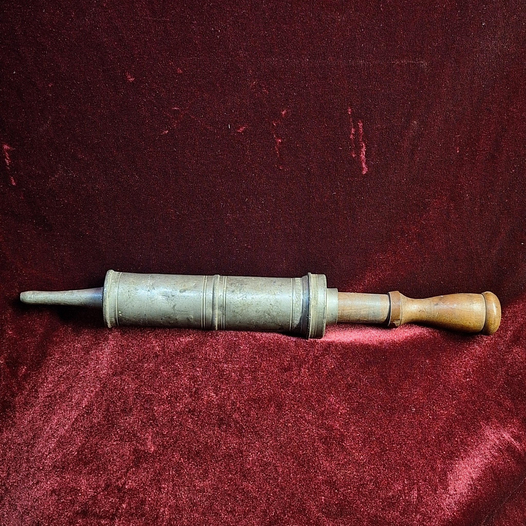 Large Antique Pewter & Wooden Syringe | Late 19th Century - Exquisite Dark Curio