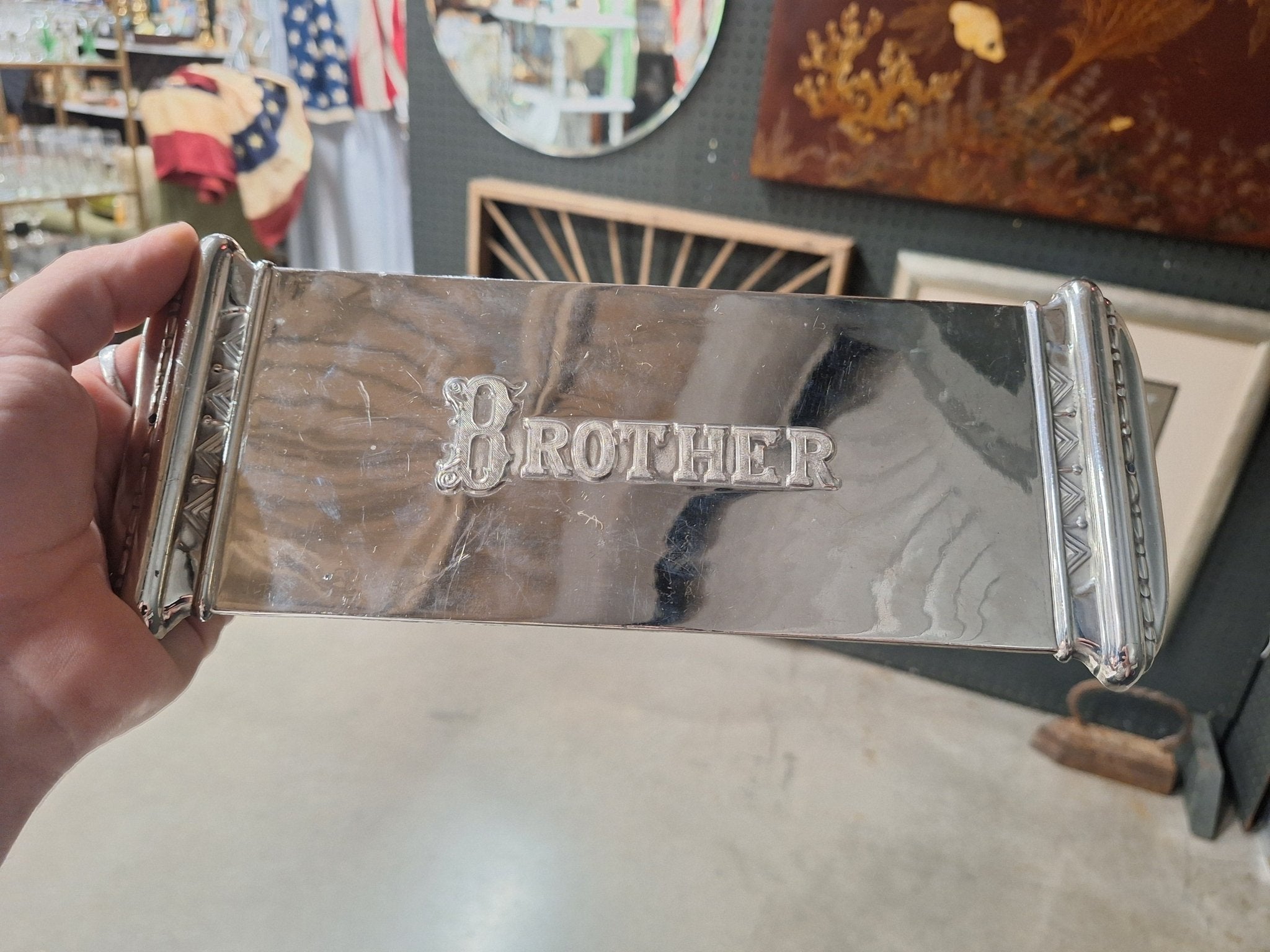 Large Silver Antique Casket Plaque - 'Brother' - Exquisite Dark Curio