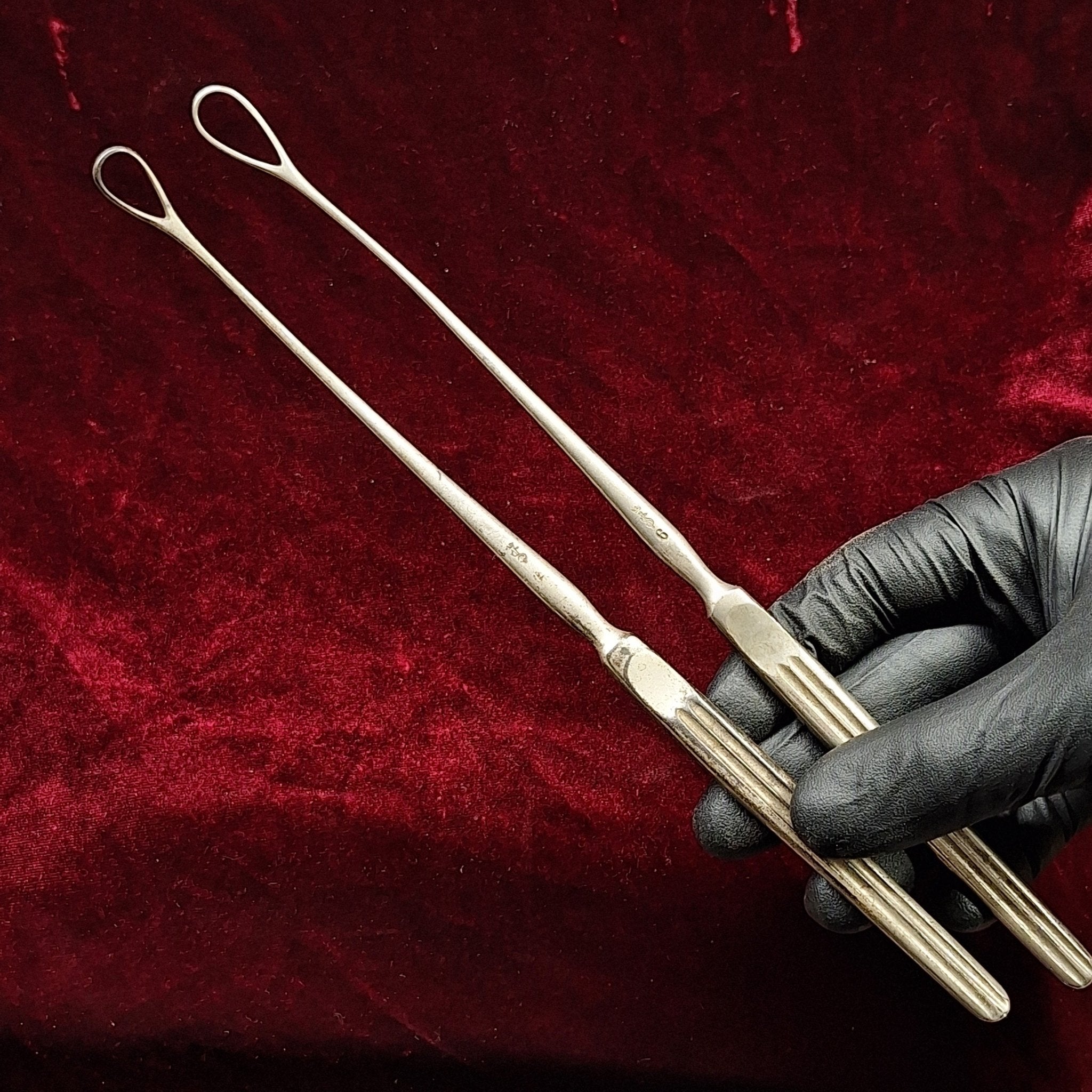 Pair of Antique Surgical Ring Curettes – Nickel - Plated Uterine / Nasal Instruments (1880–1920) - Exquisite Dark Curio