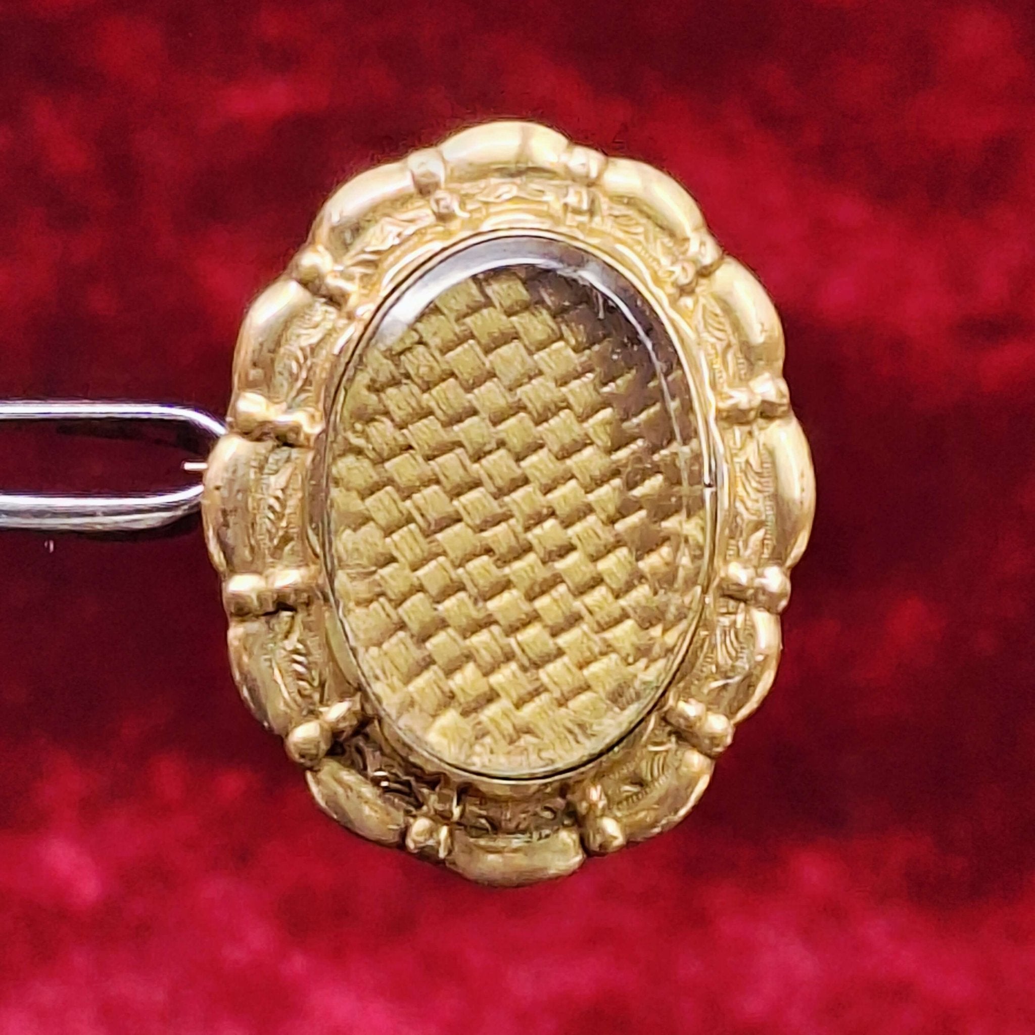 Victorian Brooch - Gold Framed and Silk Woven Background - Exquisite Dark Curio