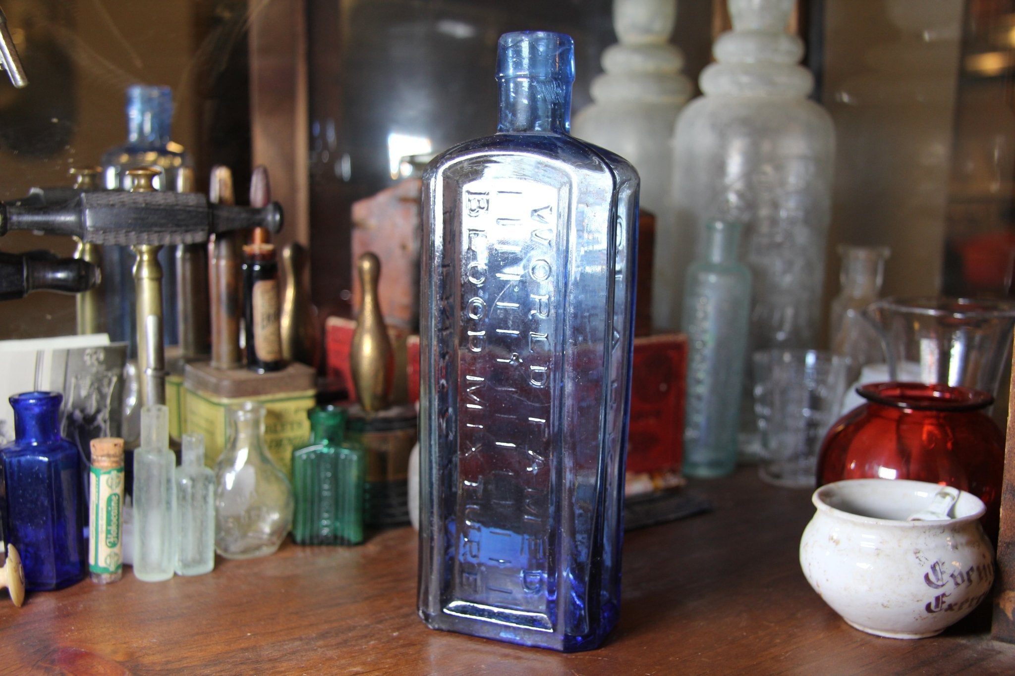 World Famed Blood Mixture Blue Antique Apothecary Bottle - Quack Medicine - Exquisite Dark Curio